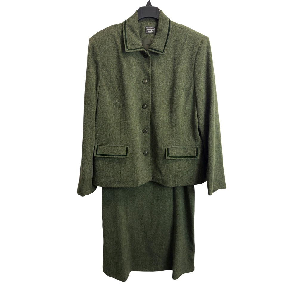 Southern Lady Green Marl Skirt Suit Set Velvet Trim Blazer Size 14/18 Pockets